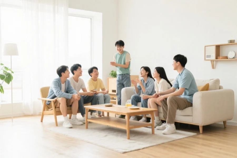 一群年轻人在明亮的客厅内开心交流，体现健康、理性参与的生活氛围